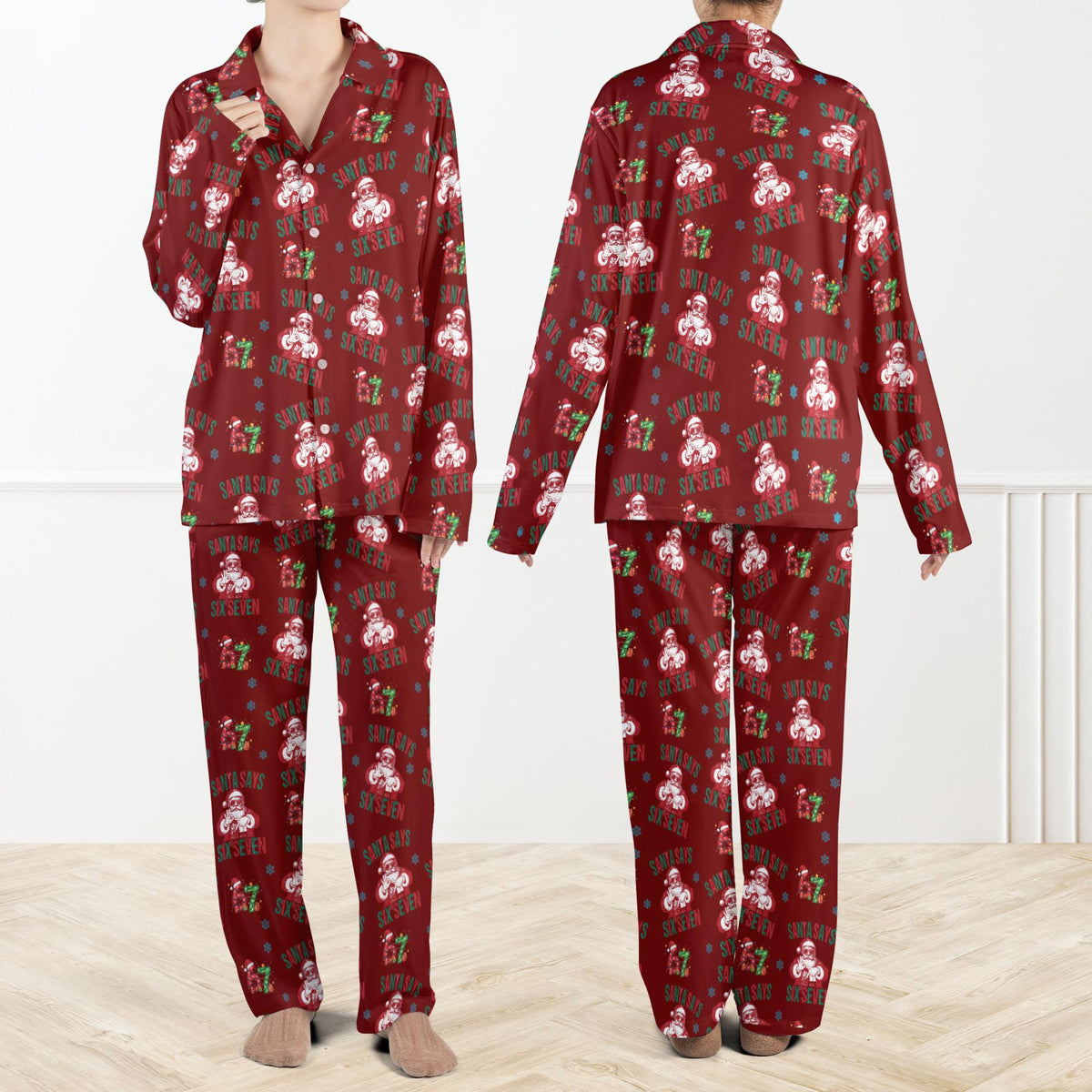 Santa Says Six Seven Meme Christmas Contrast Pajamas Set For Women And Kids, Funny Christmas PJs