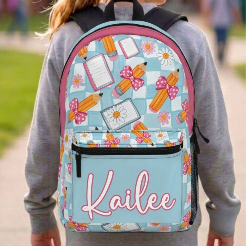 Personalized Girls School Backpack, Custom Name Backpack for Kids, Cute Pencil Bow Daisy Backpack, Back to School Gift for Girls, Prek Bag
