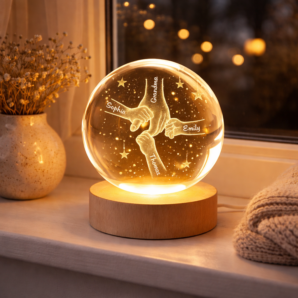 Mom Grandma Kids Holding Hands - Personalized Crystal Ball LED Night Light - Sentimental Mother's Day Gift for Mom, Grandma, Wife