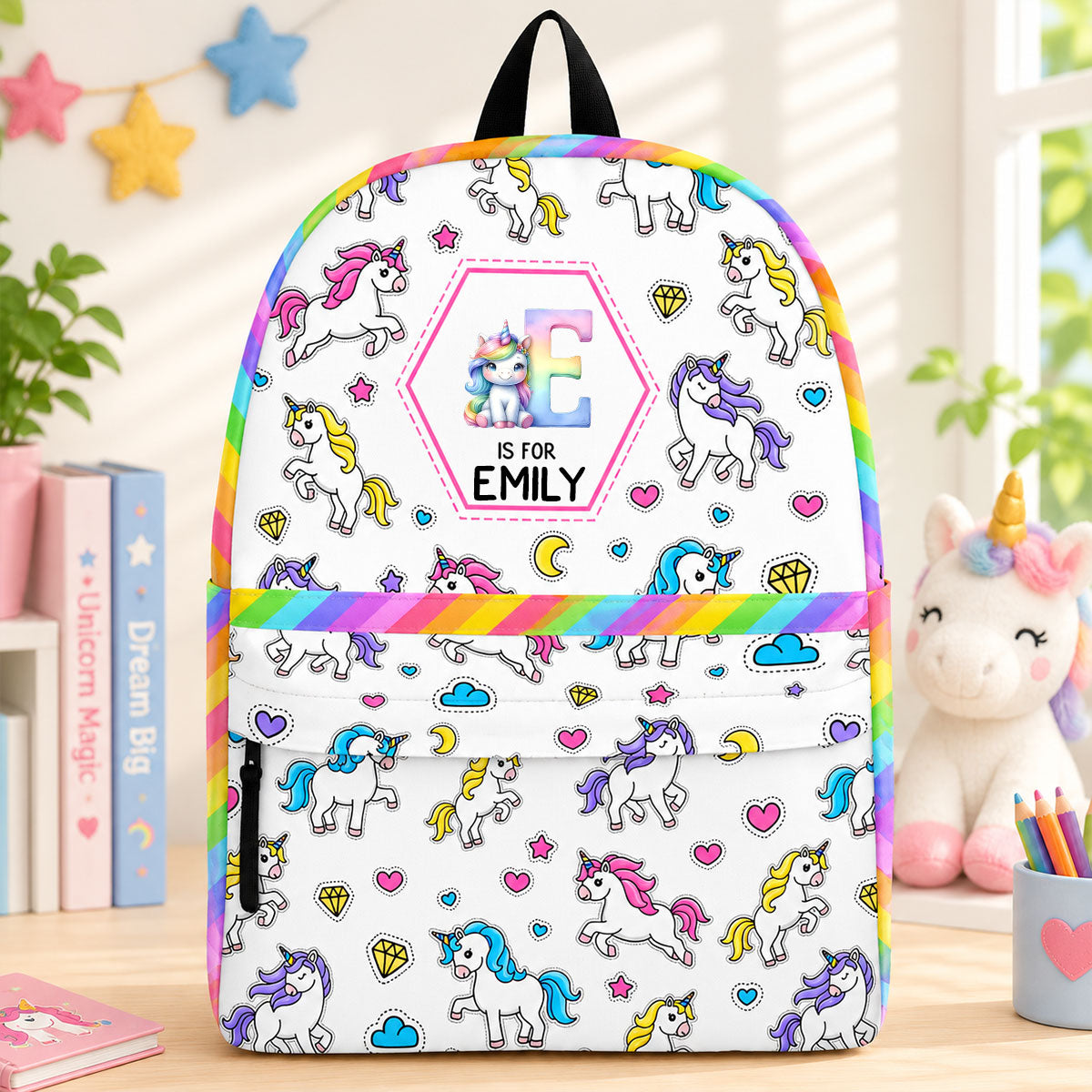 Construction Vehicles Truck, Unicorn Letter - Personalized Kid Backpack