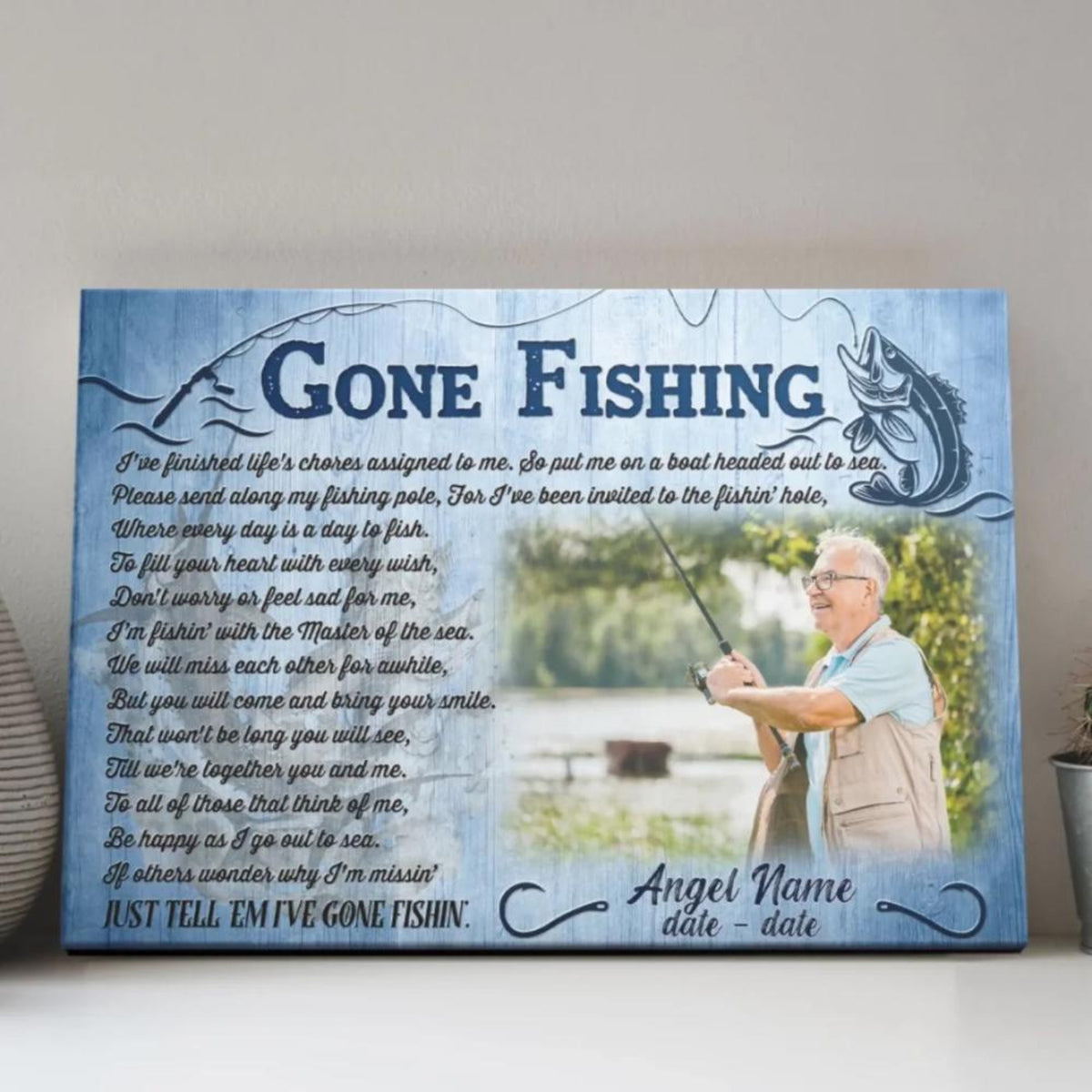 Memorial Gone Fishing - Personalized Canvas - Sympathy Gift for Family, Memorial Father Grandpa