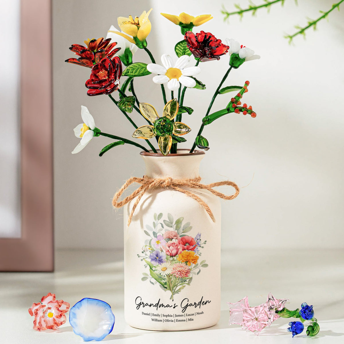 Family Birth Flower Bouquet Flowers - Personalized Ceramic Vase - Gift For Mom, Grandma, Family