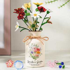 Family Birth Flower Bouquet Flowers - Personalized Ceramic Vase - Gift For Mom, Grandma, Family