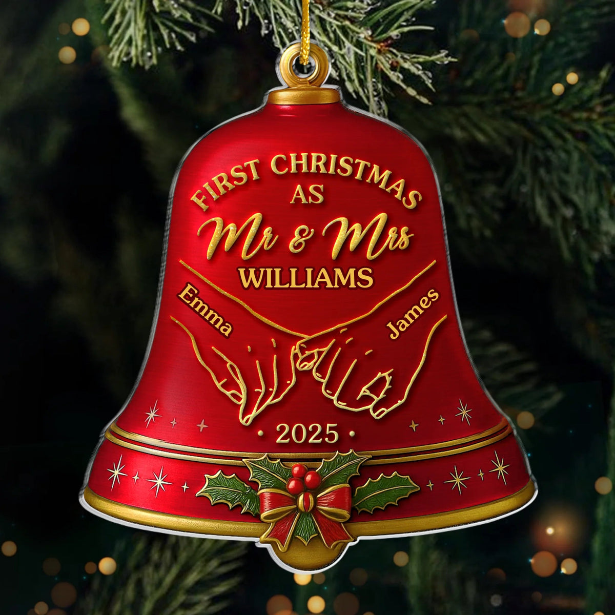 First Christmas As Mr & Mrs Red Christmas Bell - Personalized Acrylic Ornament - Gift For Couple, Christmas Newlywed Gift