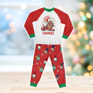 Hangin' With My Gnomies Christmas Pajamas Set, Christmas Gnome And Red Truck Long Sleeve Two Piece Pajama, Winter Christmas Loungewear Set