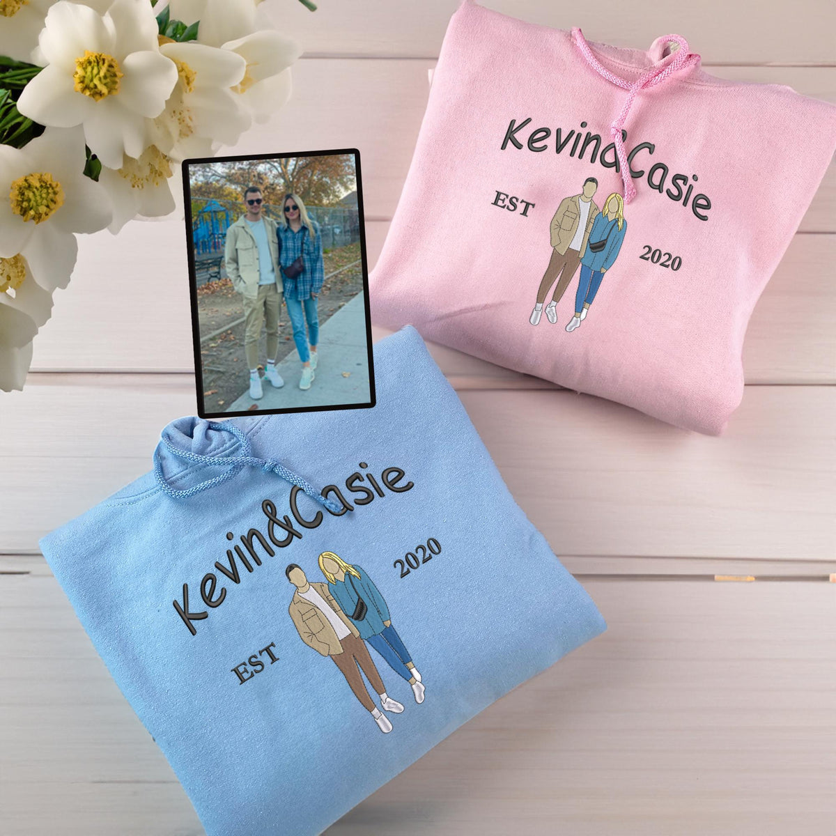 Matching Couple Apparel With Photo Portrait Embroidery - Personalized Embroidered Apparel - Valentine's Day Couple Embroidery Gift