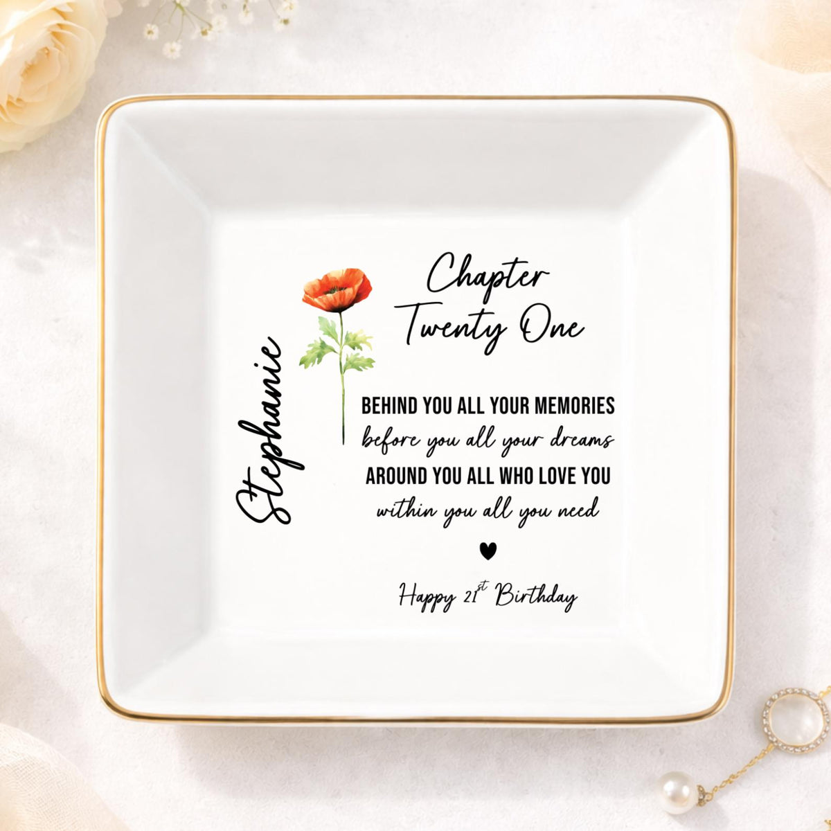 Personalized Birth Flower Jewelry Tray for 21st Birthday, Custom Name Ring Dish Gift for Her, 21st Birthday Gift Women