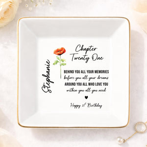 Personalized Birth Flower Jewelry Tray for 21st Birthday, Custom Name Ring Dish Gift for Her, 21st Birthday Gift Women
