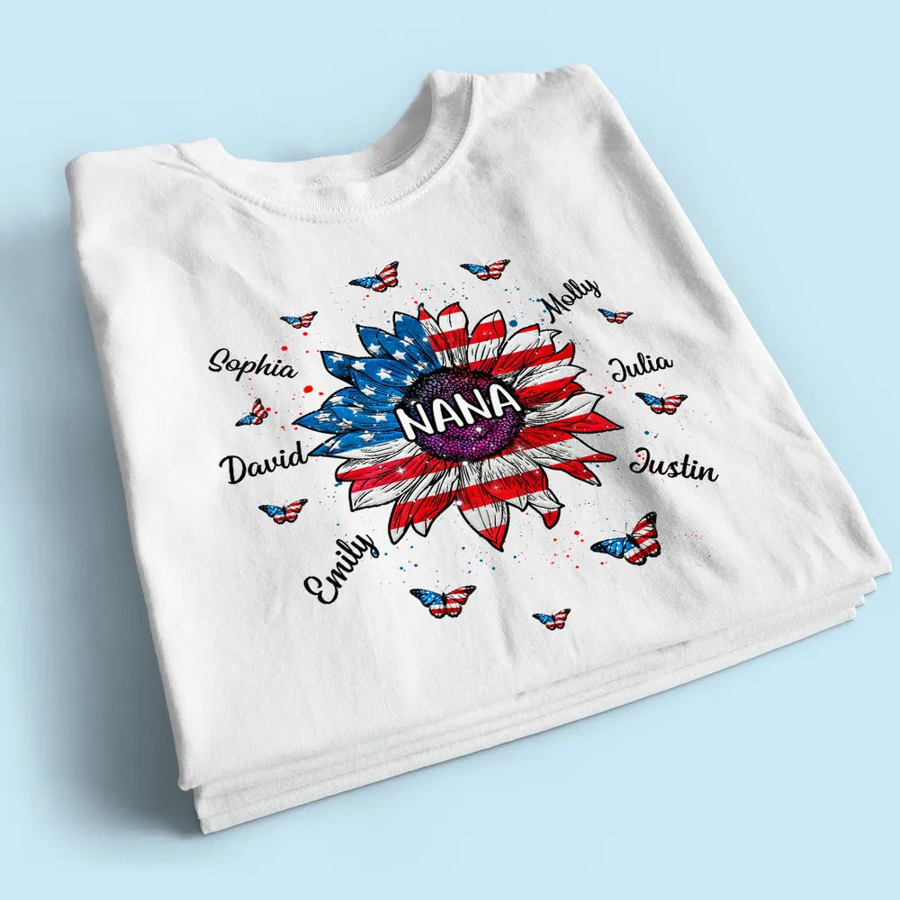 Grandma With Grandkids Names Nation Flag Sunflower - Personalized Apparel - 4th Of July Gift For Grandma Mom