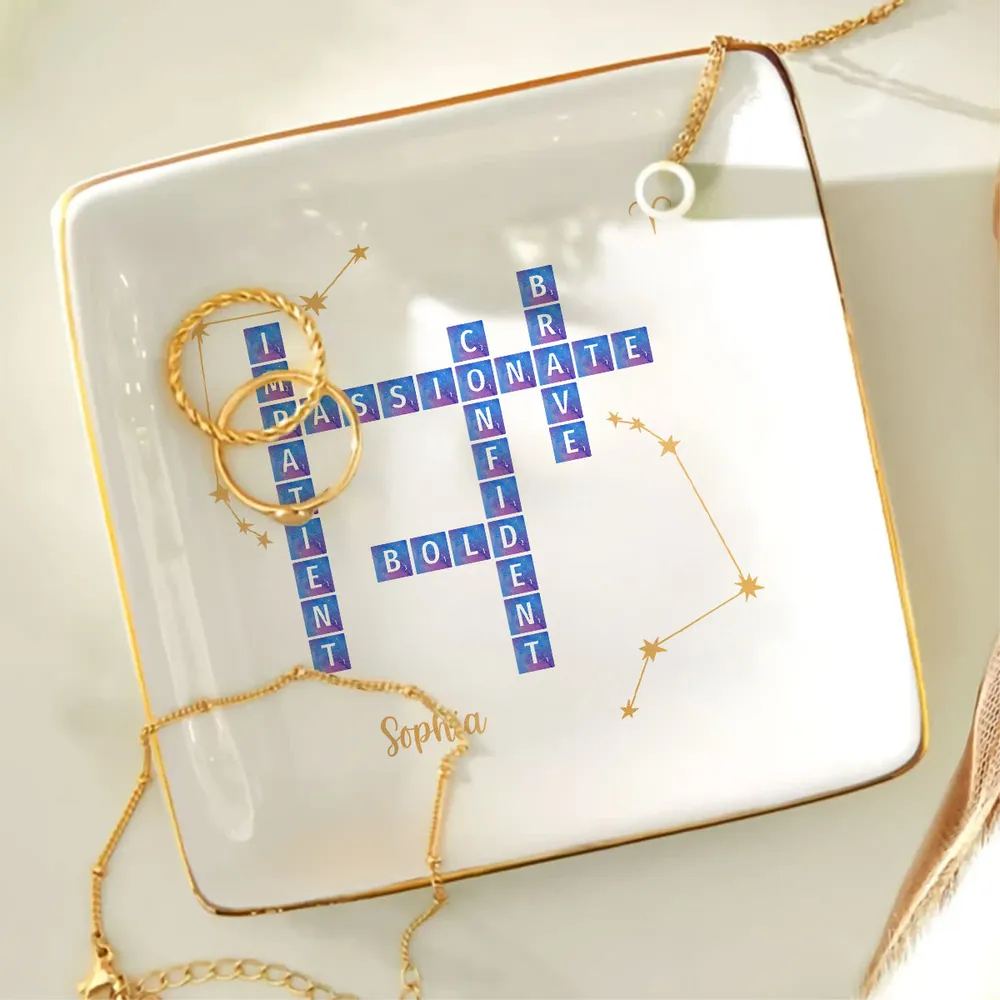 Character Qualities Crossword With Zodiac Sign - Personalized Jewelry Plate - Gift For Mother