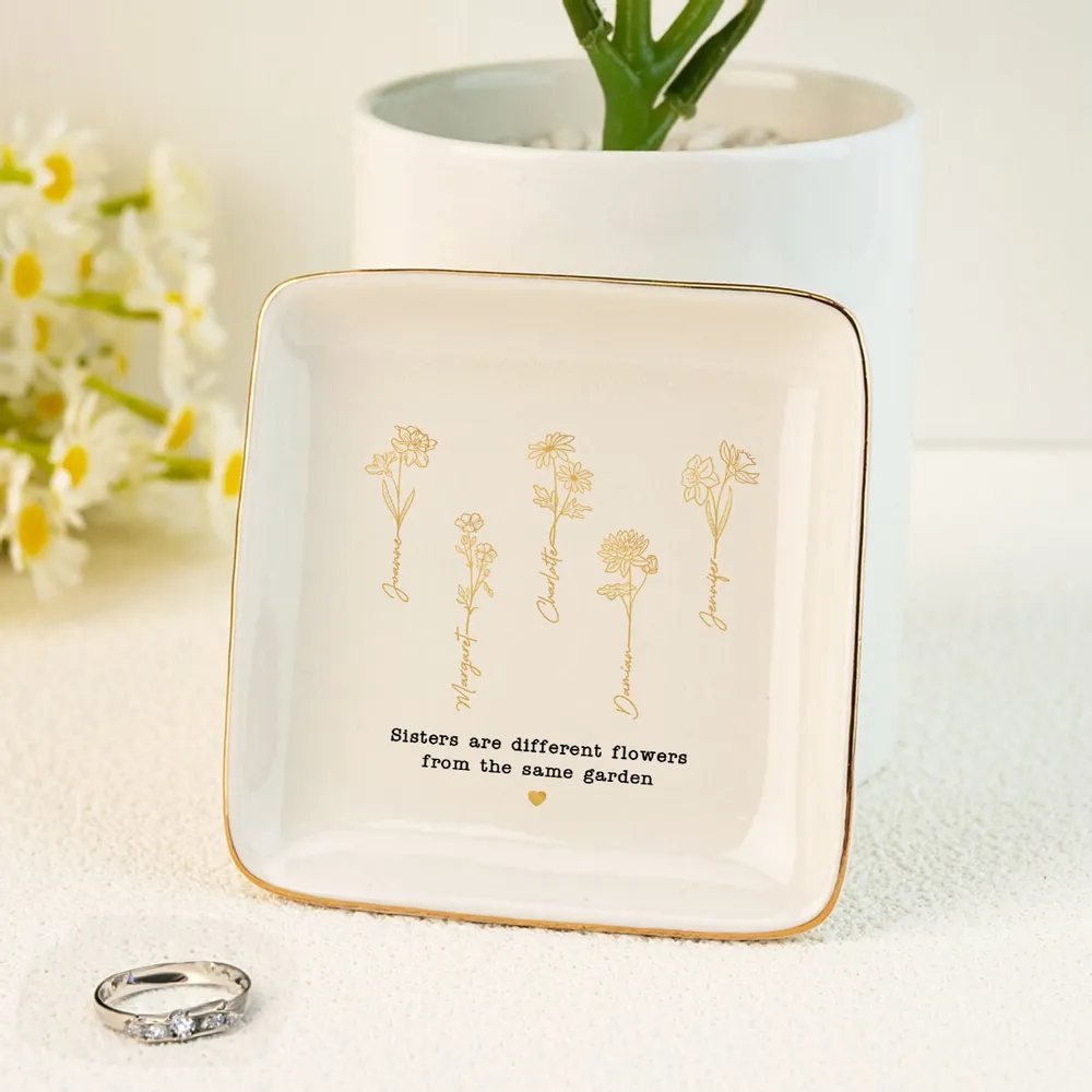 Friends Sisters Besties Birth Month Flowers - Personalized Jewelry Plate - Gift For Friends Sisters Besties