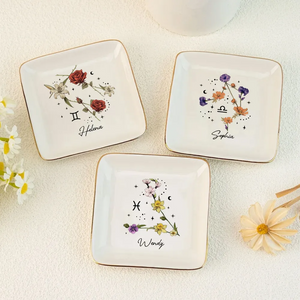 Zodiac Sign Birth Month Flower - Personalized Jewelry Plate - Gift For Mother, Daughter, Sister, Family