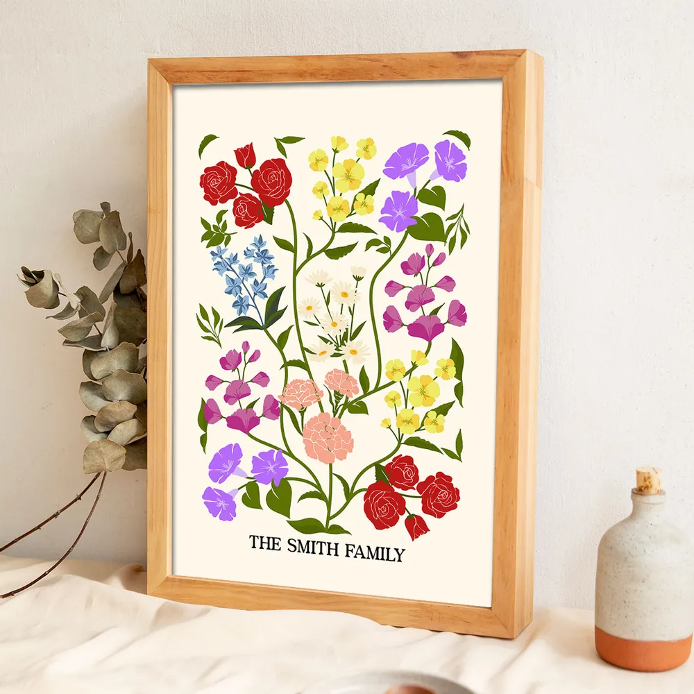 Custom Family Birth Flower Bouquet Artwork Minimalist - Personalized Canvas - Gift For Mom, Gift For Grandma, Mother's Day Gifts