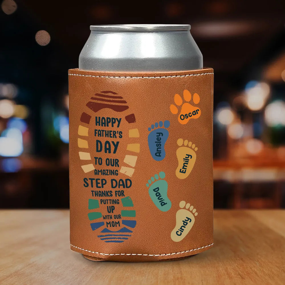 To My Amazing Stepdad - Personalized Leather Can Cooler - Gift For Bonus Dad, Father's Day Gift