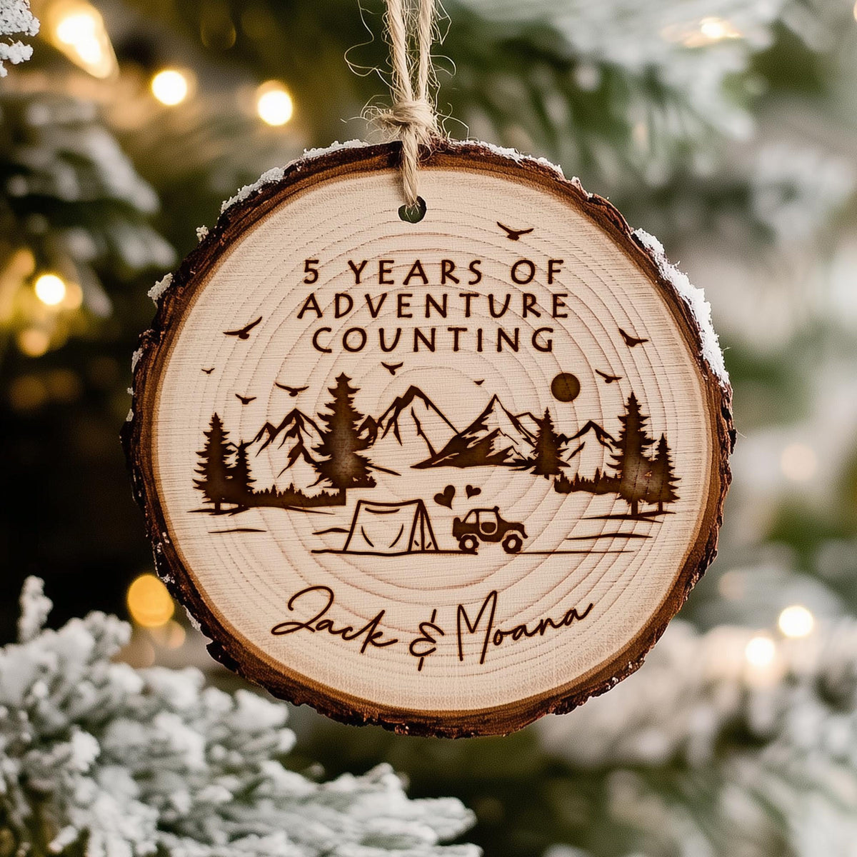 Custom Wood Anniversary Ornament, 5 Year of Adventure Counting Wooden Ornament, 5th Anniversary Christmas Ornament, Gift for Couples