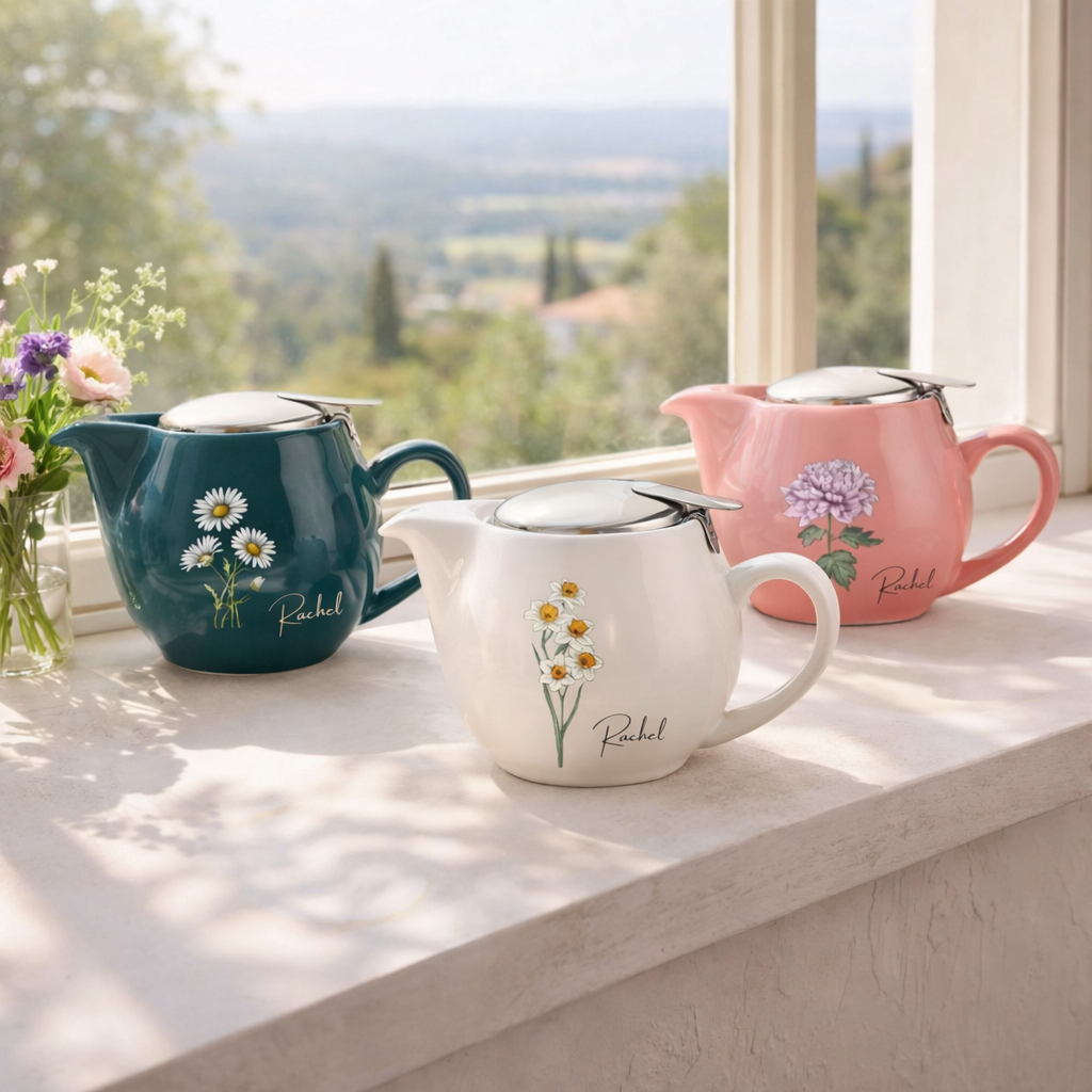 Personalized Ceramic Birth Flower Teapot, Custom Name Ceramic Tea Pot, Floral Teapot, Tea Lover Gift, Afternoon Tea Party, Gift For Her, Mother's Day Gift