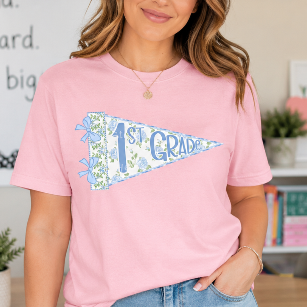 Comfort Colors Custom Pennant Flag Teacher Shirt, Back to School Shirt, Grade Level Teacher Team Shirts, Coquette Bow Elementary School Tee