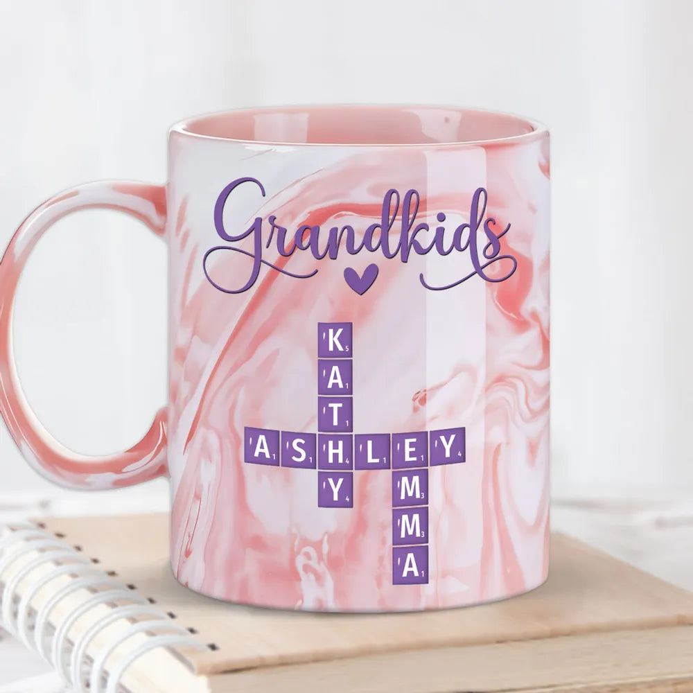 Grandkids Purple Crossword Wildflower Pattern - Personalized Marble Mug - Gift For Grandma Mom, Mother's Day, Birthday Gift