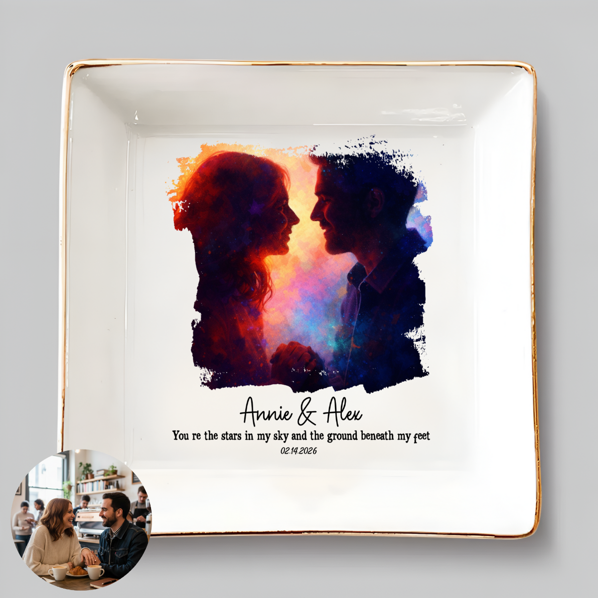 Personalized Proposal Photo Jewelry Dish - Custom Abstract Silhouette Illustrated Engagement Keepsake Ring Tray with Names & Engaged Date