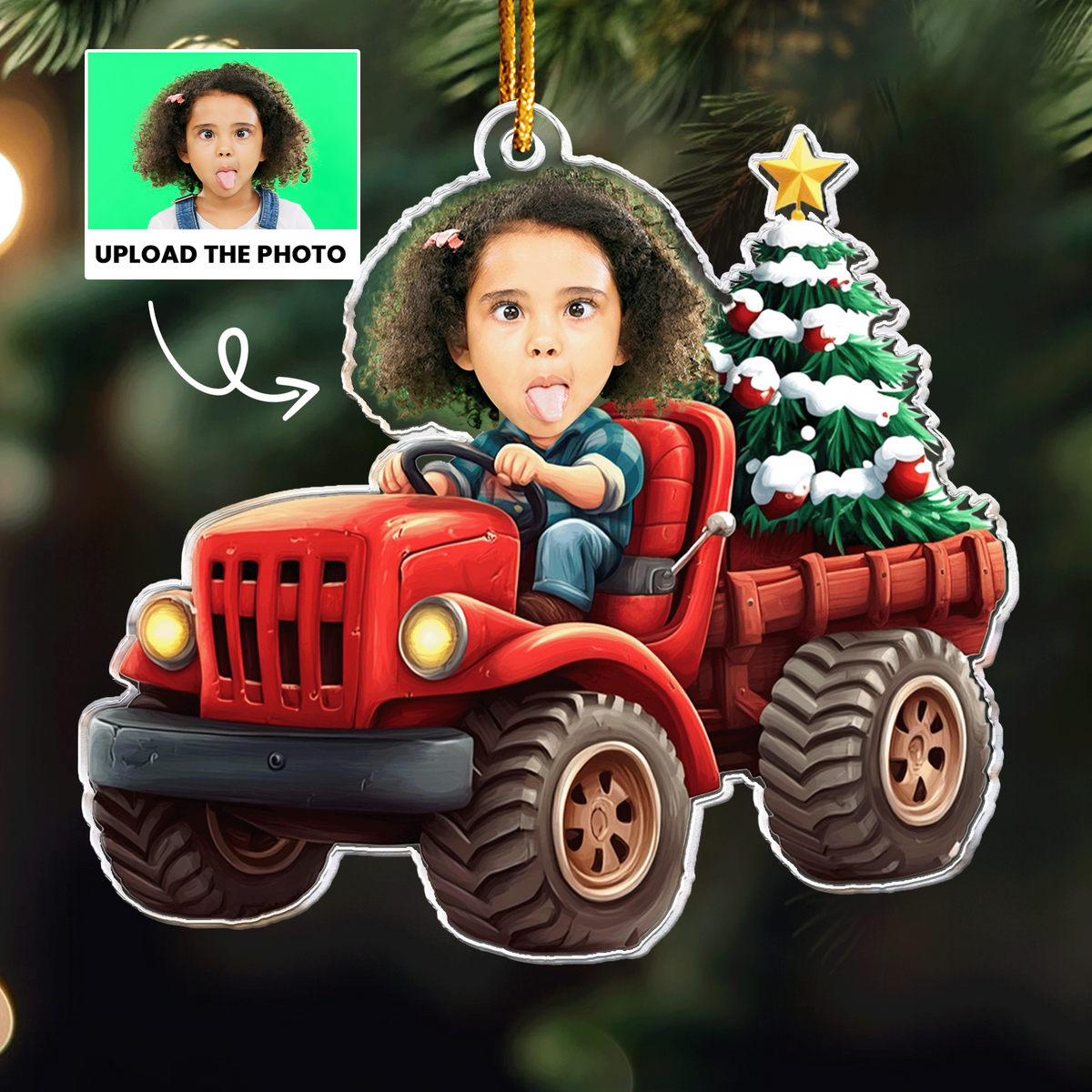 Kids Riding Red Truck With Christmas Tree - Personalized Acrylic Shaped Ornament - Christmas Gift For Kids
