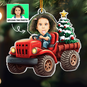 Kids Riding Red Truck With Christmas Tree - Personalized Acrylic Shaped Ornament - Christmas Gift For Kids