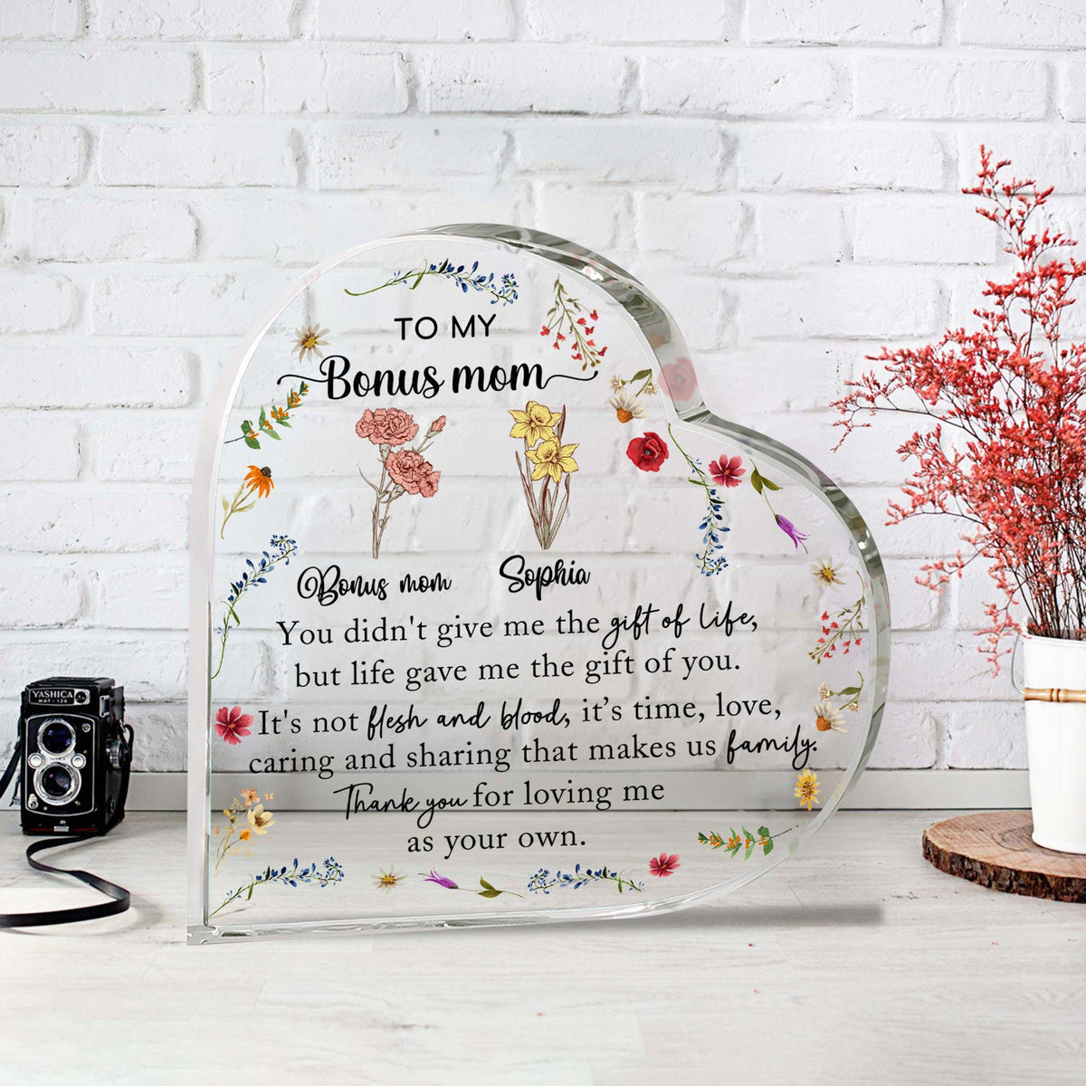 Personalized Stepmother Gift From Daughter, To My Bonus Mom Heart Acrylic Plaque, Mothers Day Gift, Birth Month Flower Gifts For Stepmom