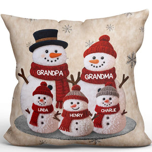 3D Effect Fleece Texture Christmas Grandma Grandkids Snowman Together - Personalized Pillow - Heartwarming Gift For Grandparents