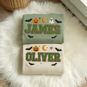 Personalized Kids Halloween Sweatshirt, Embroidered Name Pumpkin Ghost Fall Shirt, Custom Halloween Crewneck