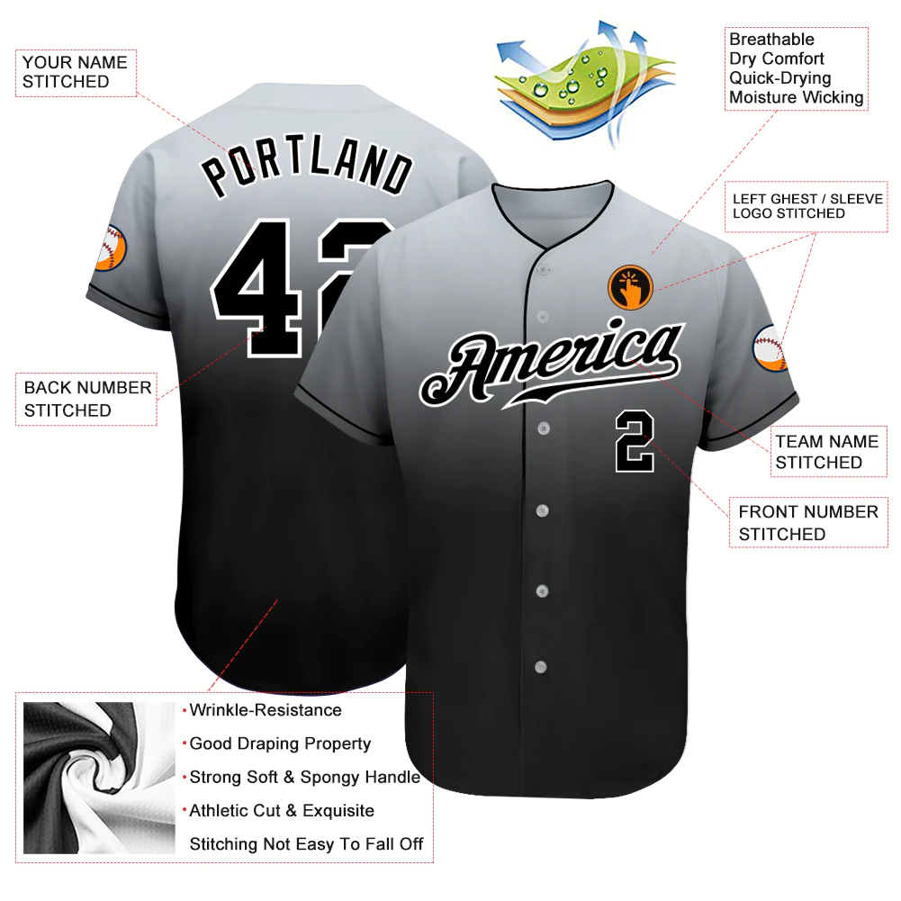 Custom Gray Black-White Authentic Fade Fashion Baseball Jersey