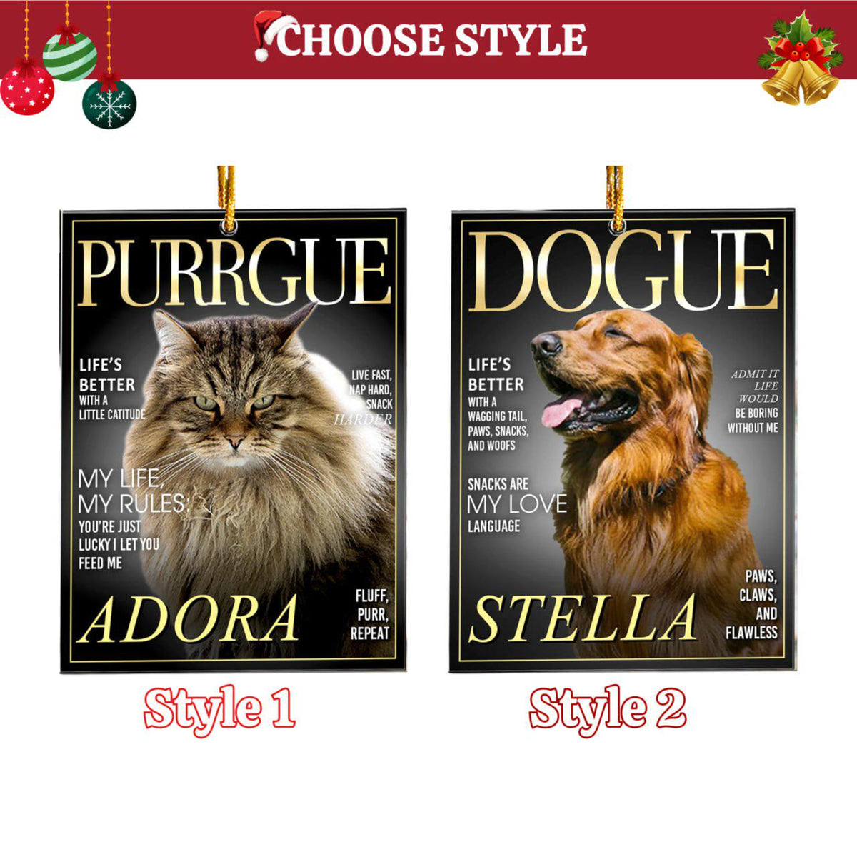 Personalized Pet Christmas Ornament, Custom Dogue Purrgue Magazine Ornament, Personalized Pet Acrylic Photo Ornament, Pet Lovers, Christmas Gifts