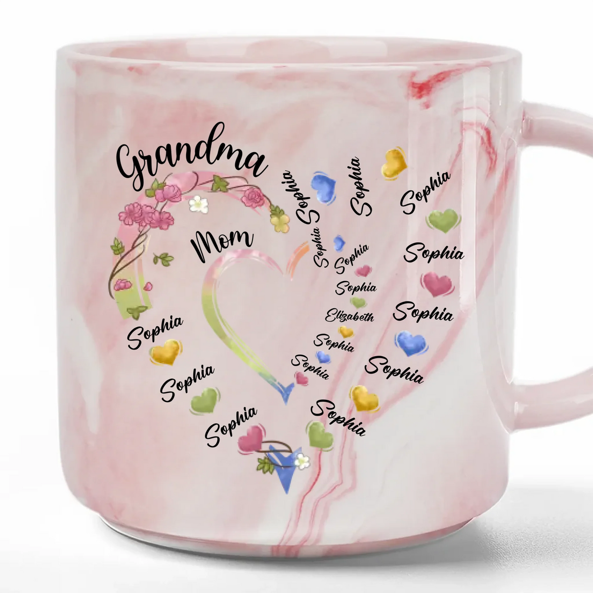 Mom & Grandma Floral Heart With Kid Names - Personalized Marble Mug - Gift For Mom, Grandma, Mother's Day, Birthday Gift