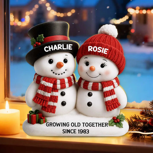 Snowman Couple Growing Old Together - Personalized Acrylic Light Box - Christmas Gift For Couple