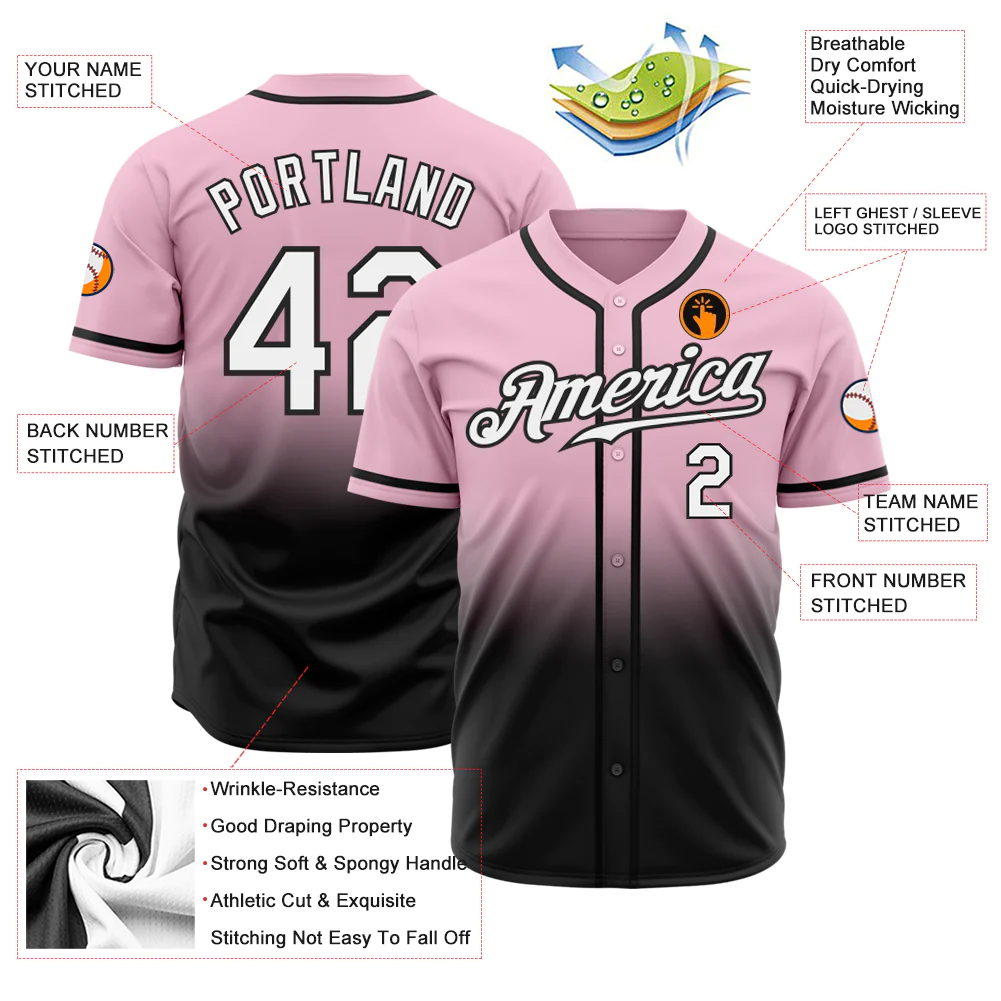 Custom Light Pink White-Black Authentic Fade Fashion Baseball Jersey