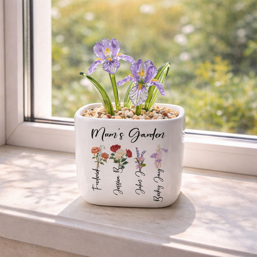Personalized Birth Flower Plant Pot, Mum's Garden Gift, Custom Lily Rose Glass Flower for Mom, Mothers Day Gift, Family Flower Planter
