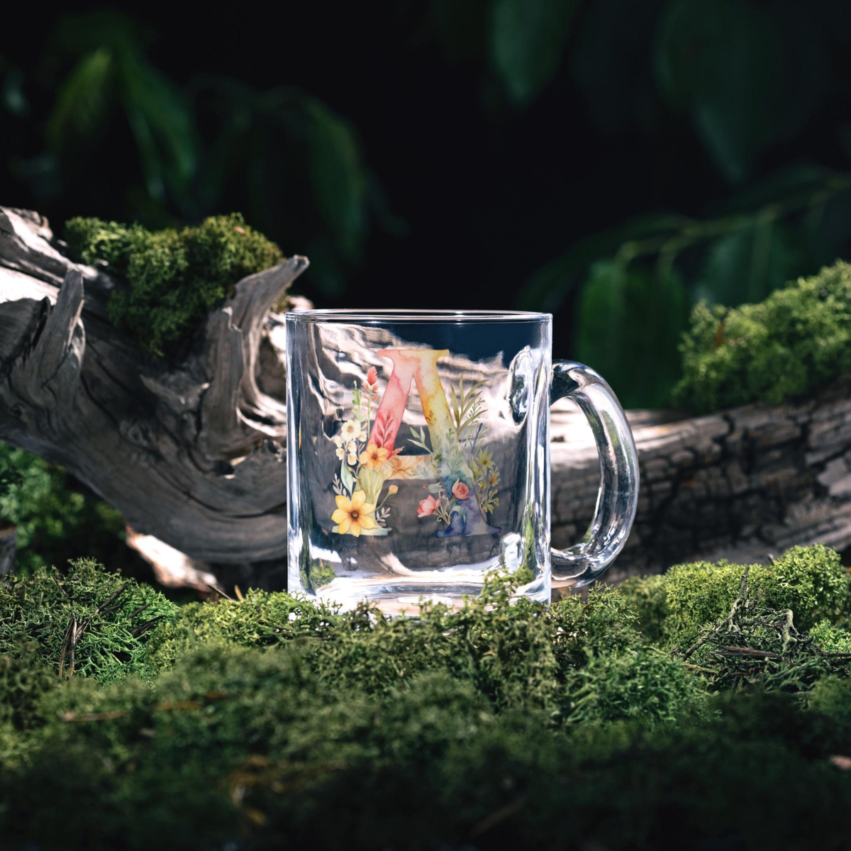 Personalized Floral Monogram Clear Glass Mug Custom Name Coffee Cup Elegant Bridesmaid Gift Wildflower Tea Cup Wedding Favor Gift for Her