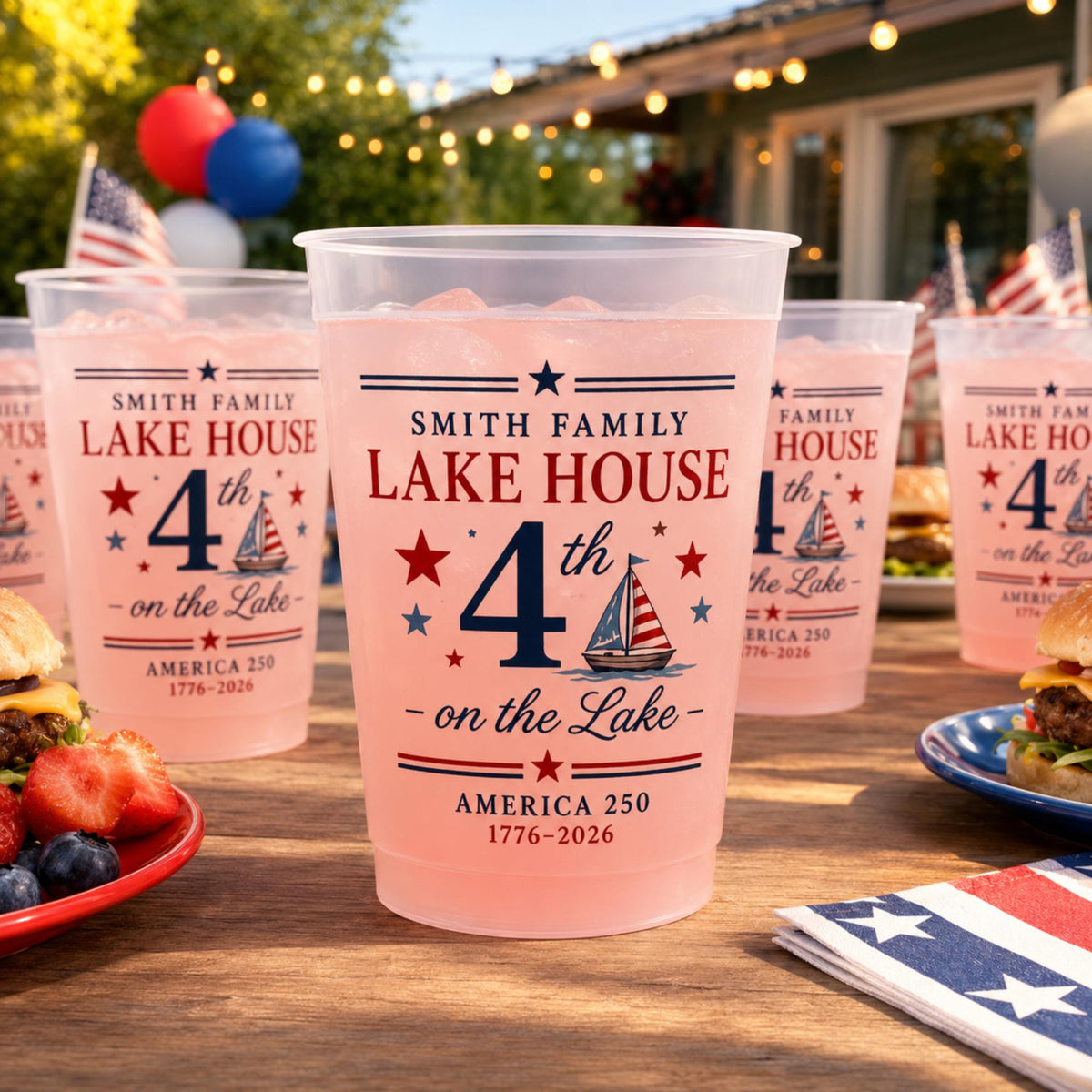 Personalized Lake House Plastic Cups, Custom 4th of July Cups, America 250 Family Lake Party Cups, Patriotic Plastic Cups