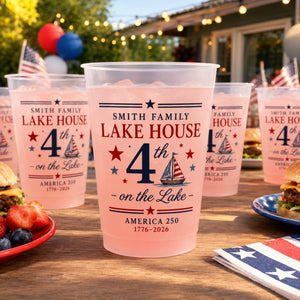 Personalized Lake House Plastic Cups, Custom 4th of July Cups, America 250 Family Lake Party Cups, Patriotic Plastic Cups