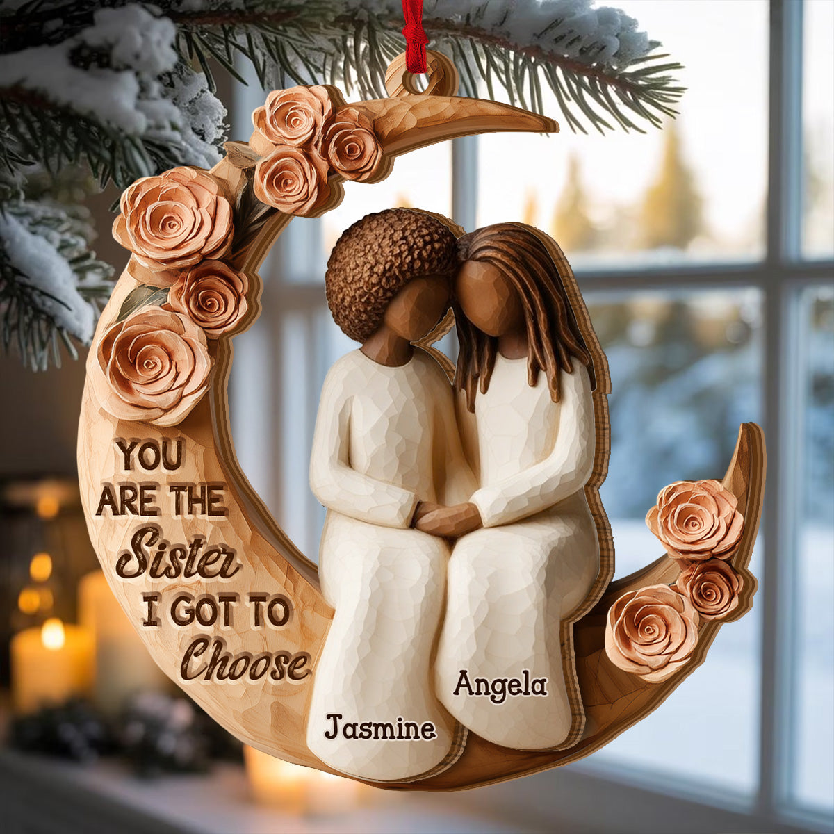 Black Sistas Roses Moon - Personalized Layered Wooden Ornament - Christmas Gift For Sisters, Friends
