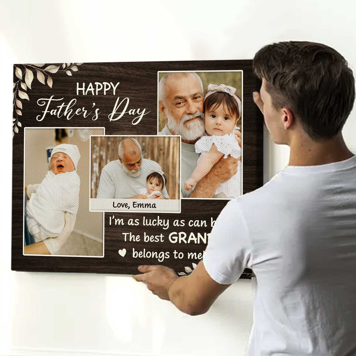 New Grandpa Father's Day Gift, I'm As Lucky As Can Be Best Grandpa Belong To Me Custom Photo Canvas, Gifts For First Time Grandfather