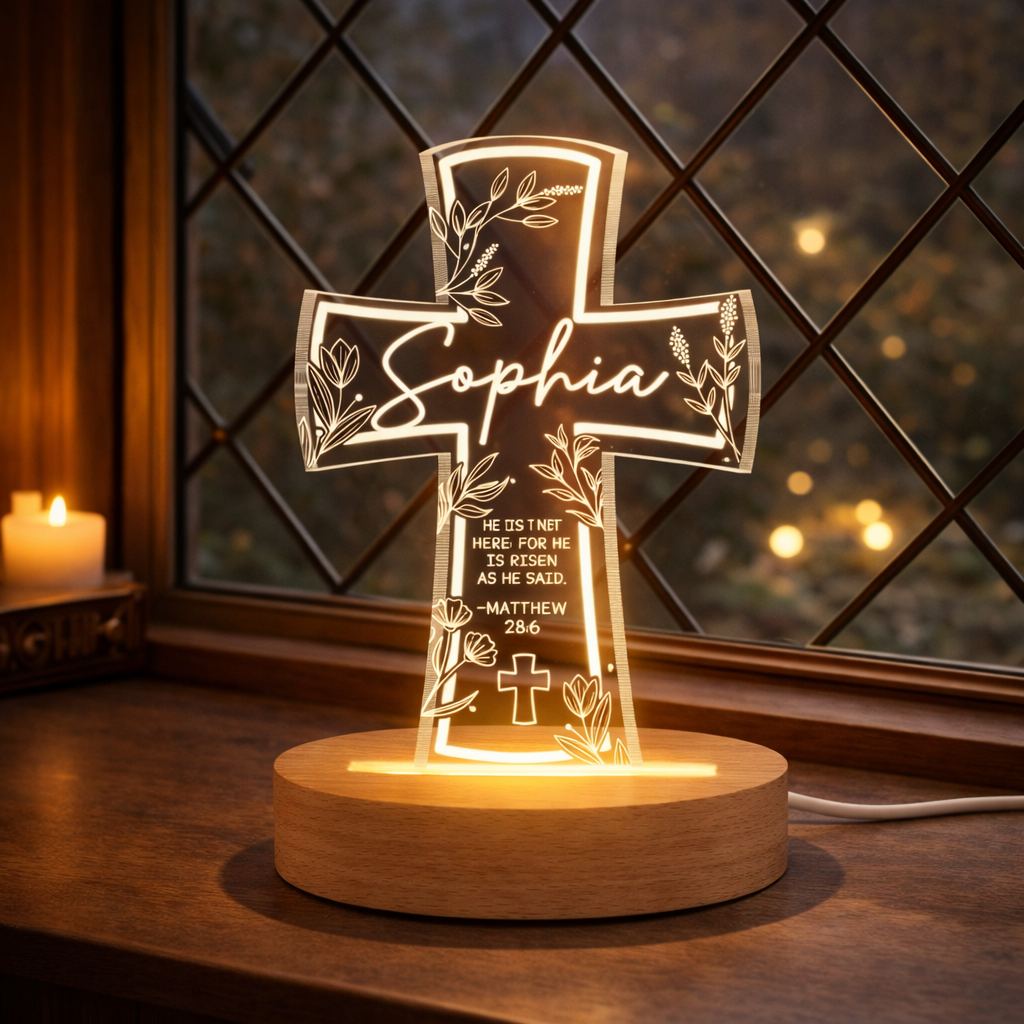 Personalized Bible Verse Cross Night Light, Custom Name Christian Light Up Sign, He Is Risen Gift, Faith Gift, Bible Verse Jesus Lamp