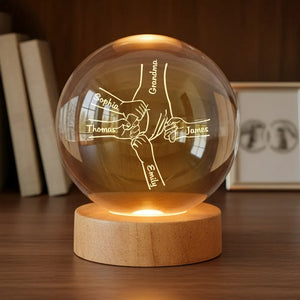 Grandma Mom And Kids Holding Hands - Personalized Crystal Ball LED Light - Gift For Grandma, Mom