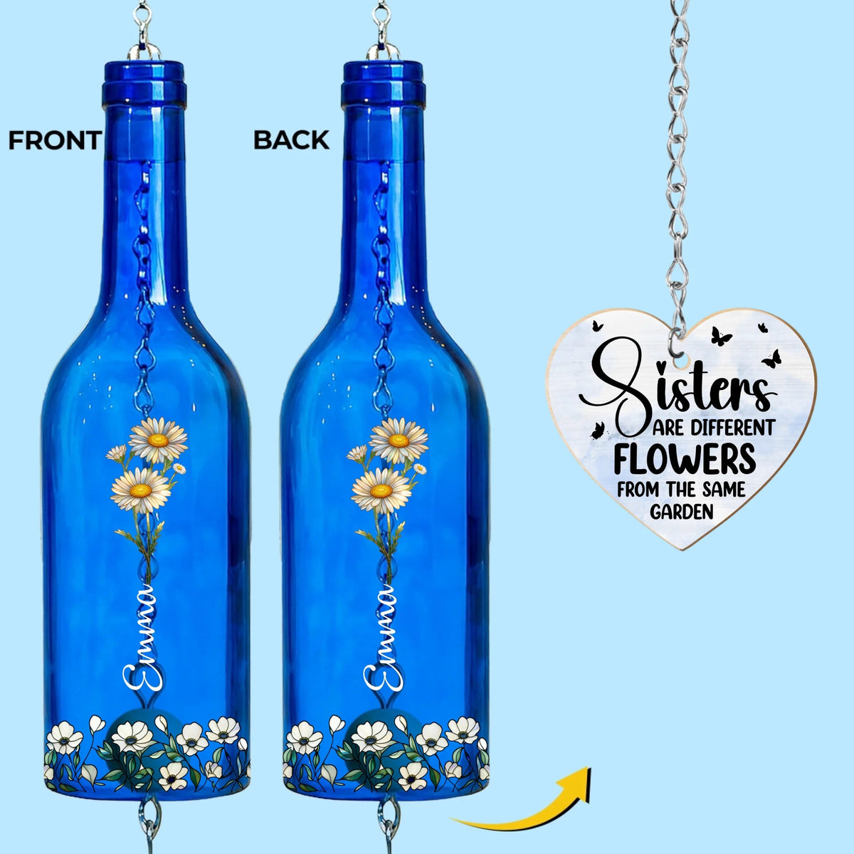 Sisters Birth Month Flowers Bloom Together In Love - Personalized Wine Bottle Wind Chime - Gift For Sisters, Besties, Birthday Gift