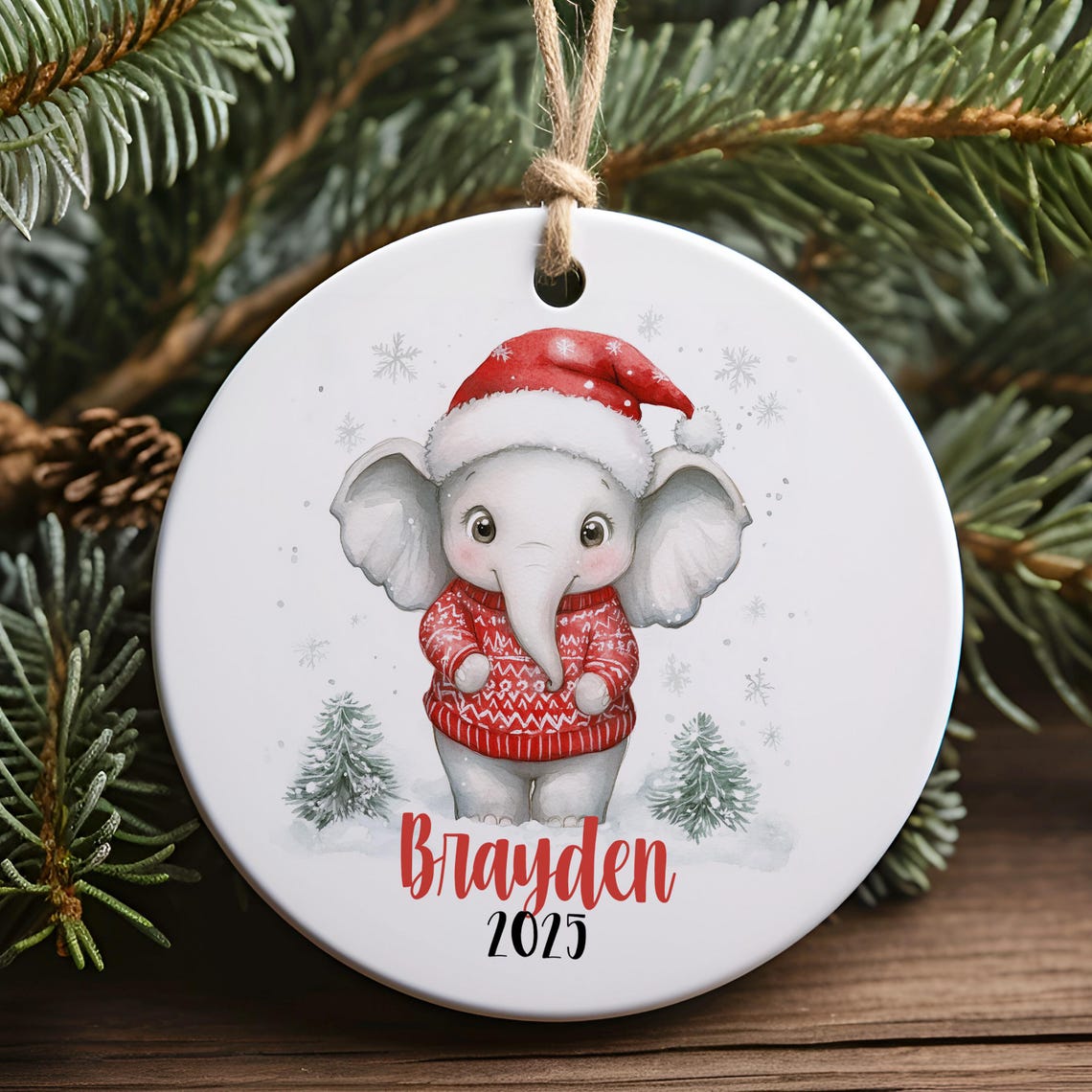 Personalized Elephant Christmas Ornament, Kids Name Ornaments, Custom Santa Elephant Ornament, Childrens Gift for Boys, Girls Elephant Gifts