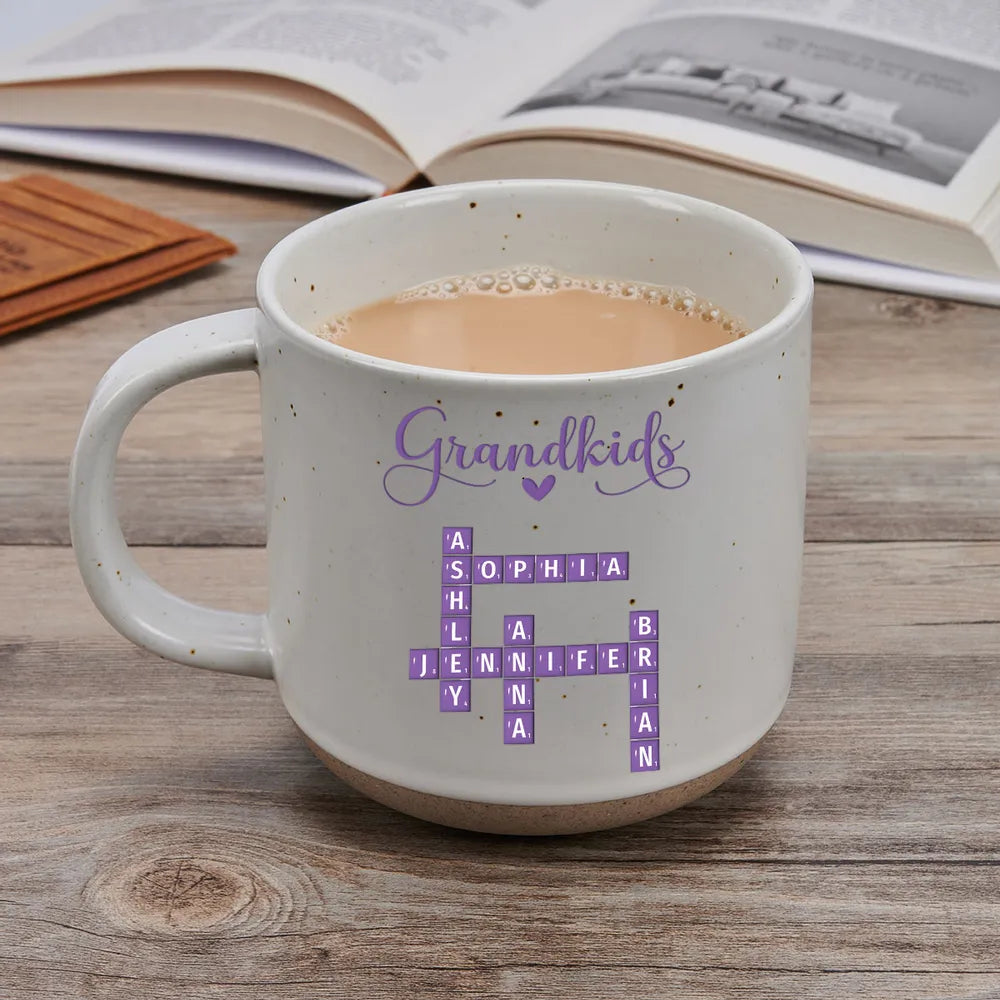 Grandkids Purple Crossword Wildflower Pattern - Personalized Pottery Mug - Gift For Grandma Mom, Mother's Day, Birthday Gift