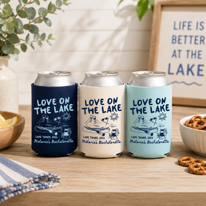Love On The Lake Bachelorette Can Coolers, Personalized Lake Club Bachelorette Drink Can Sleeves, Camping Bachelorette Party Favors
