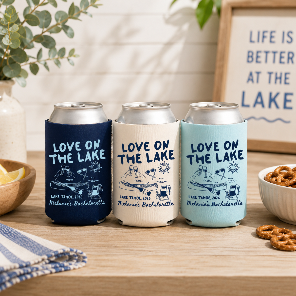 Love On The Lake Bachelorette Can Coolers, Personalized Lake Club Bachelorette Drink Can Sleeves, Camping Bachelorette Party Favors