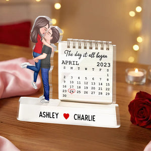 The Day It All Began Kissing Couple - Personalized Acrylic Table Sign - Anniversary Gift For Couple