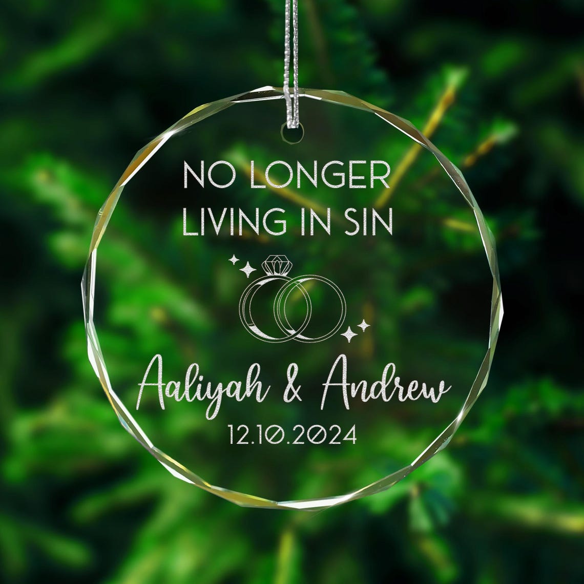 Custom No Longer Living In Sin Ornament, Just Married Christmas Ornament, First Year Married Gift for Newlyweds, Anniversary Gift for Couple