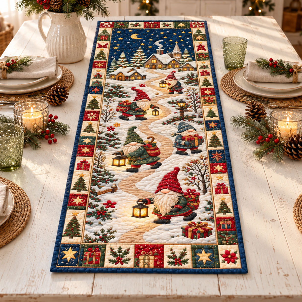 Christmas Quilted Table Runner, Holiday Winter Dining Table Decor