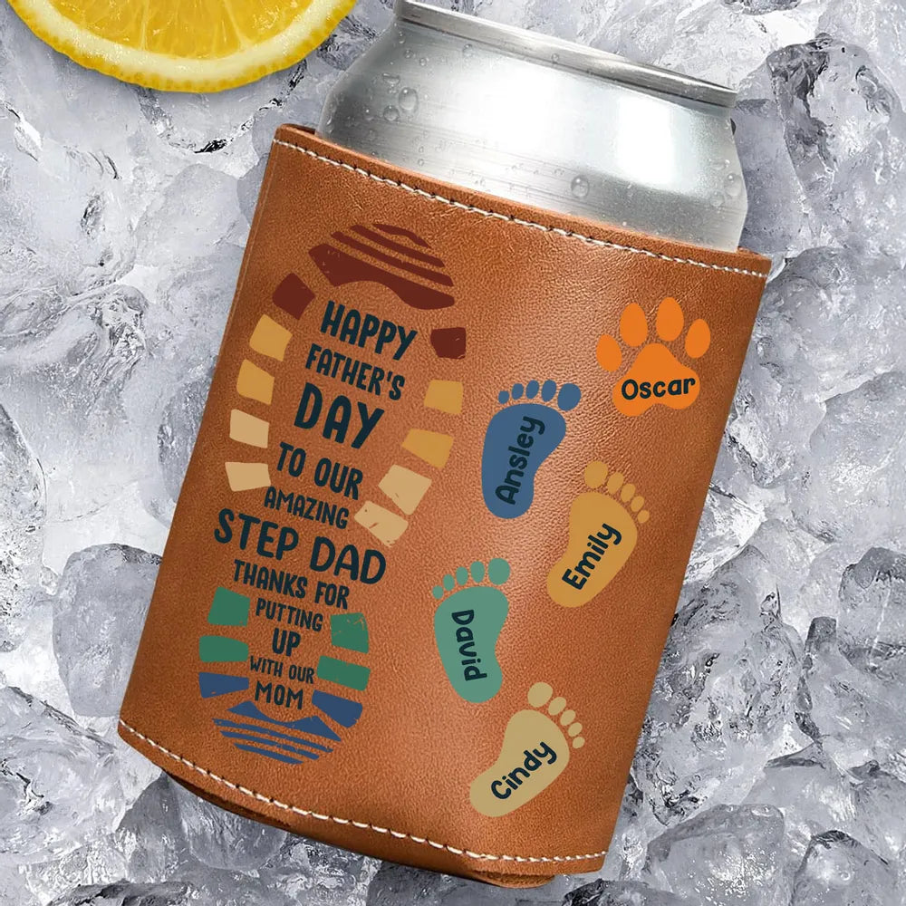 To My Amazing Stepdad - Personalized Leather Can Cooler - Gift For Bonus Dad, Father's Day Gift